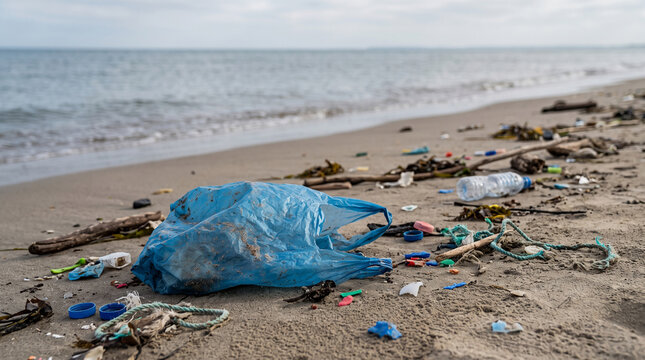A sandy beach heavily polluted with plastic waste including a crumpled blue plastic bag, water bottle, and microplastics. Concept of environmental crisis, ocean pollution, and eco damage.