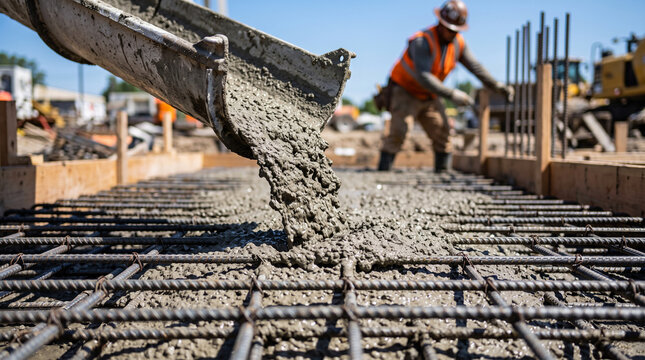 Close-up of wet grey concrete being poured from a truck chute onto a steel rebar mesh foundation at a bright sunny construction site. Construction worker visible in the background.