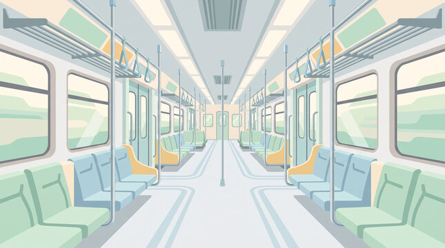 Flat vector illustration of a clean, modern train or subway interior. Features empty pastel green and blue seats, metal handrails, and large windows. Public transportation concept.