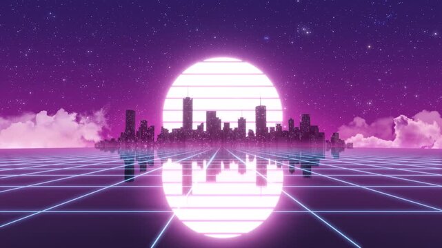 Neon City Skyline Synthwave Loop - Futuristic Retro Outrun Landscape Motion Background Fuchsia 4K
