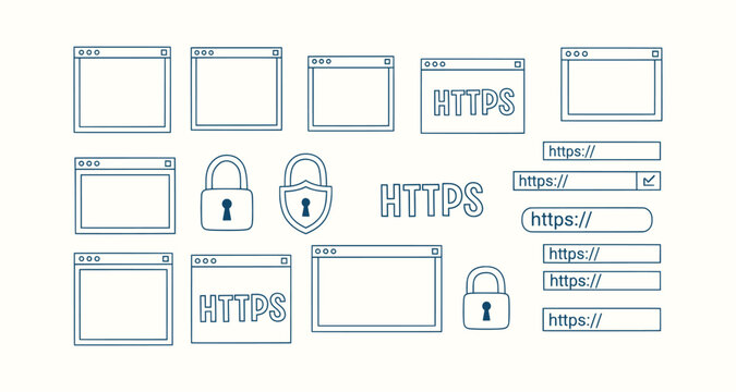 Secure web protocol icon set with HTTPS address bars, browser windows and padlock line art symbols.
