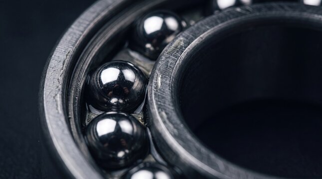 Close-up of a metallic ball bearing with shiny steel balls arranged in a circular pattern. The background is dark, emphasizing the details of the bearing.