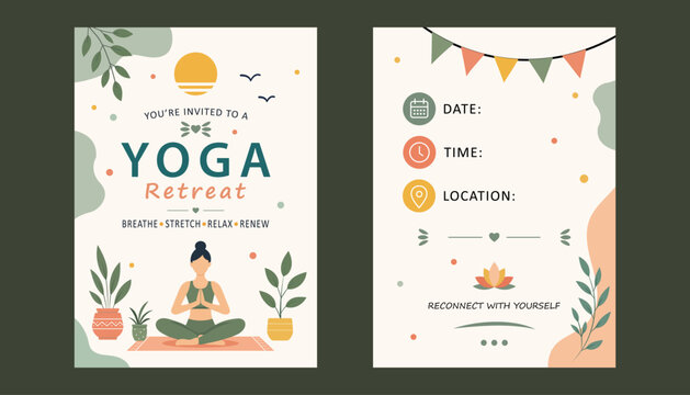 Modern flat yoga retreat invitation flyer template with coordinated front and back layouts