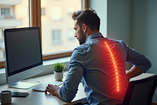 Desk-bound man with poor posture experiencing back pain while using computer.