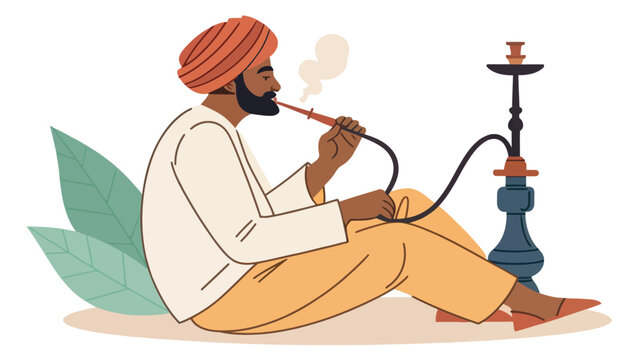 Man in traditional clothing and turban sitting down while smoking a shisha hookah pipe illustration with waterpipe illustration traditional lifestyle activity oriental tradition clothing