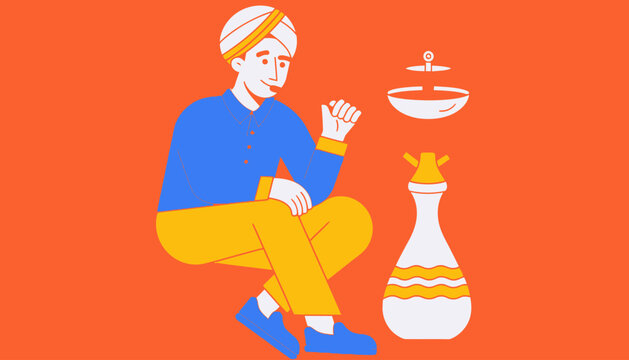 Illustration of a man in traditional attire sitting and smoking a shisha hookah pipe on an orange background with traditional waterpipe relaxing illustration background lifestyle activity