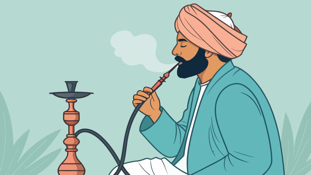 Side profile view of a bearded man wearing a turban smoking a traditional hookah pipe illustration with waterpipe illustration traditional lifestyle activity oriental tradition clothing