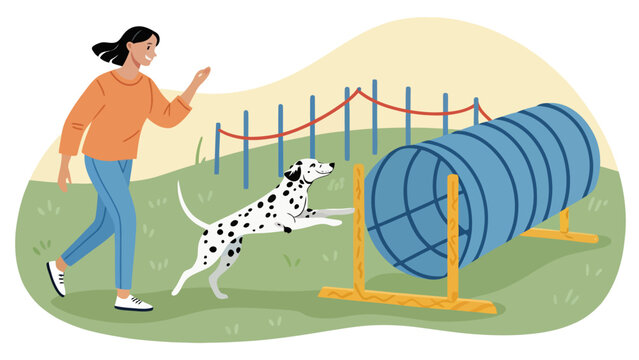 Woman training dalmatian dog at agility obstacle course park with pet owner training session dog sports dalmatian training obstacle exercise activity obedience handling illustration