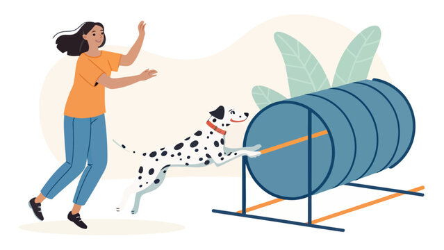 A woman training a dog to jump through an agility tunnel in a pet competition illustration with training competition exercise dalmatian obedience activity lifestyle illustration instructing