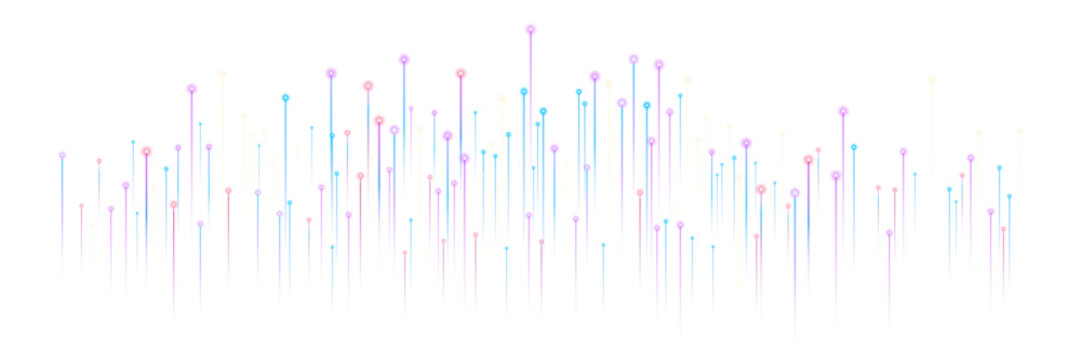 Colorful neon light rays and glowing vertical beams lines with particles and bokeh effect on transparent overlay png for futuristic technology data network science background