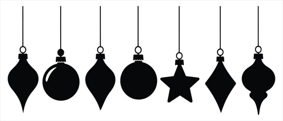 Set of seven hanging christmas tree baubles in different shapes with christmas ornaments silhouette seasonal celebration isolated december greeting illustration decoration collection © Romzain