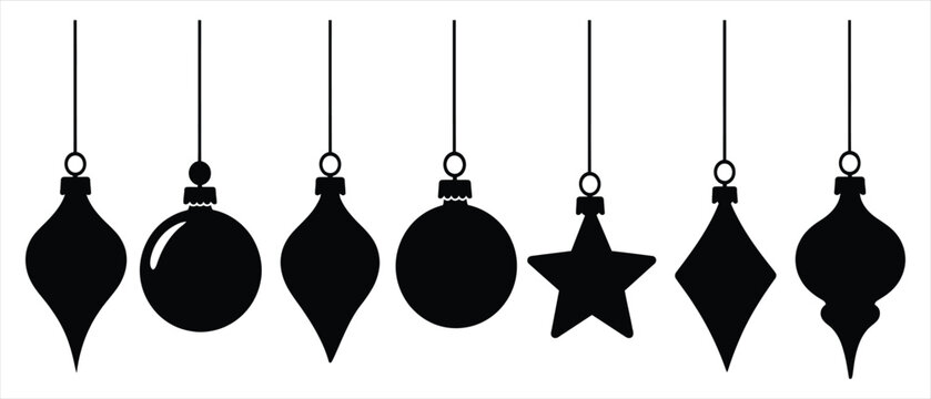 Set of seven hanging christmas tree baubles in different shapes with christmas ornaments silhouette seasonal celebration isolated december greeting illustration decoration collection