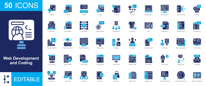 Web Development and Programming icon set featuring coding, developer, website, API, debugging, software engineering, and terminal. Solid vector design