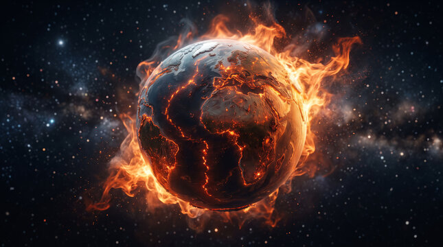Glowing Earth Globe Fire Energy. Earth standing alone in the universe burning up. Burning in the universe. Abstract World Global Warming Concept Digital Art