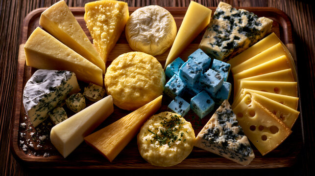 Assorted gourmet cheese platter with blue cheese, cheddar, brie, gouda, parmesan and crackers on a rustic wooden board