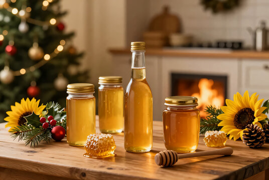 Golden jars of honey and a bottle shine brightly among festive decorations and warm firelight in a cozy kitchen scene
