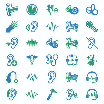 Hearing Health Icons: Ear Care, Audiology, Sound Waves, Hearing Aids, Stethoscope