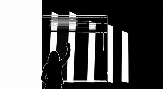 Silhouette of a person reaching up towards bright light filtering through blinds, symbolizing hope or aspiration.