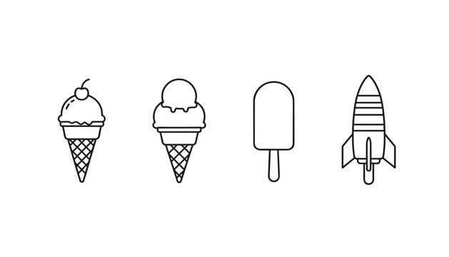 Ice cream cones and popsicles line art icons featuring summer treats including scoops, cherry, and rocket popsicle.