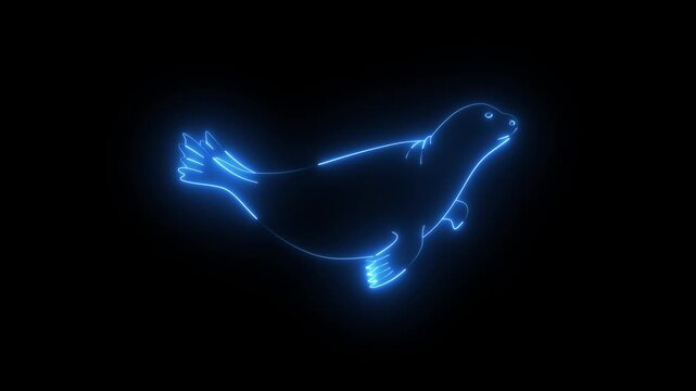Neon blue outline of a cute seal on black background
