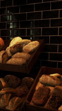 Several trays hold various types of bread in a bakery. Each tray has a different selection of bread. The setting has warm lighting and dark tiles on the wall.