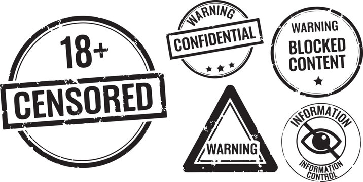 A set of black distressed rubber stamp vectors featuring warning, censored 18+, confidential, blocked content, and information control symbols isolated on a white background.