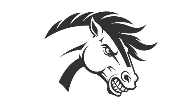 Aggressive mustang horse head logo in black and white silhouette representing power, wild spirit, and speed.
