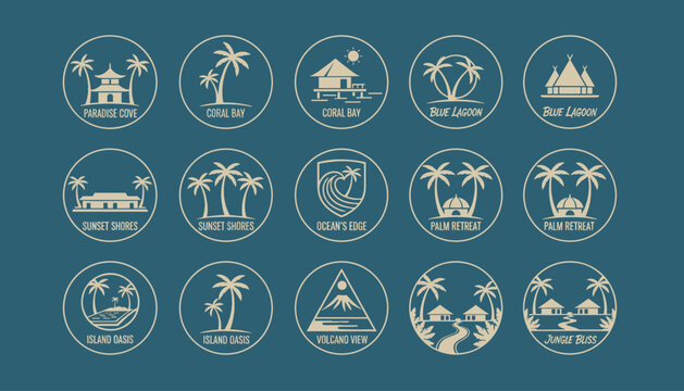 Collection of fifteen round tropical beach resort and holiday destination line art logos on a blue background.