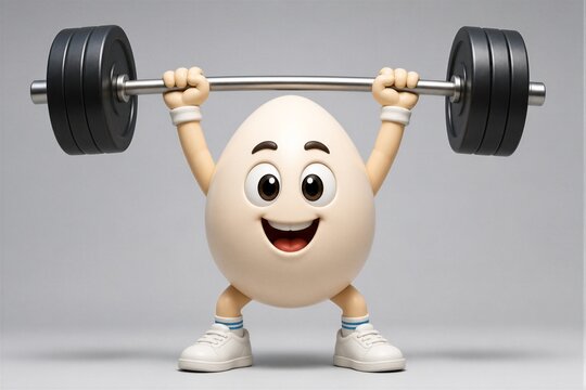 Cartoon egg character lifting barbell on white studio background