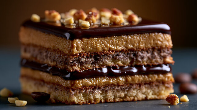 Traditional French Opera Cake with Chocolate Ganache and Coffee Buttercream Layers Close Up