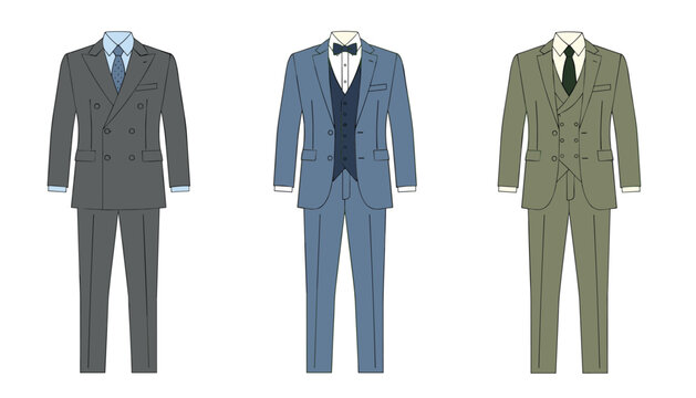 Three classic male formal suits including double-breasted grey, three-piece blue with bowtie, and olive green.