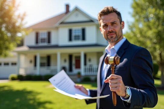 Real Estate Lawyer Posing in Front of Foreclosed Home with Gavel and Legal Documents
