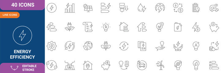 Energy efficiency icon set. Containing energy saving, sustainability, electricity, consumption, house, reduction, lightning and etc. line Icon Collection. Vector illustration. Editable stroke © Ariful