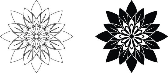 Obraz premium Floral mandala ornament line art and solid black silhouette shape design elements for creative graphic vector decorations.
