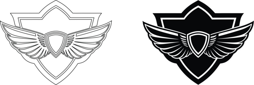 Emblem badge with shield and bird wings for crest logo design isolated on transparent background in modern vector style.