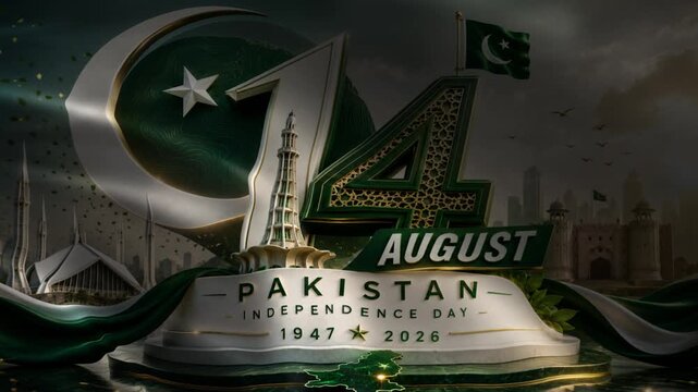 Pakistan Independence Day 14 August 1947 2026 national celebration concept with crescent moon star and iconic landmarks patriotic graphic design