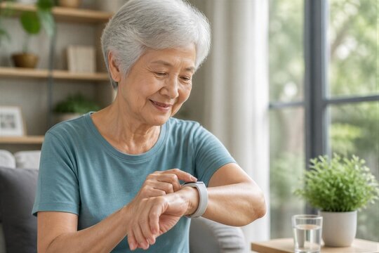 Elderly woman checking smartwatch while seated in living room