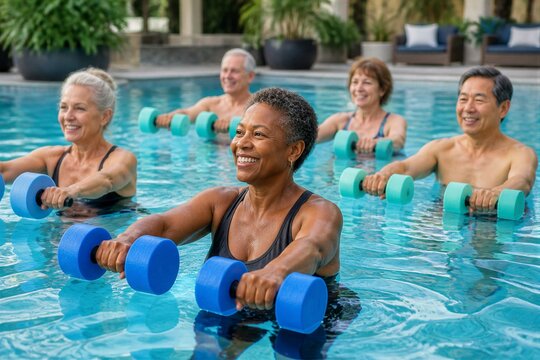 Group of seniors exercising with water dumbbells in pool