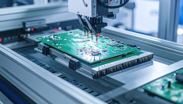 Robotic arm assembly of circuit board in modern factory.