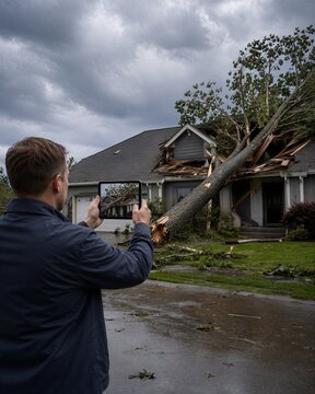 Homeowner photographs a storm-damaged house with a tablet for an insurance claim, documenting a fallen tree, broken roof and property loss after severe weather.