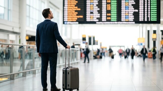 Businessman checking flight departures board in modern airport terminal with suitcase, planning business travel concept