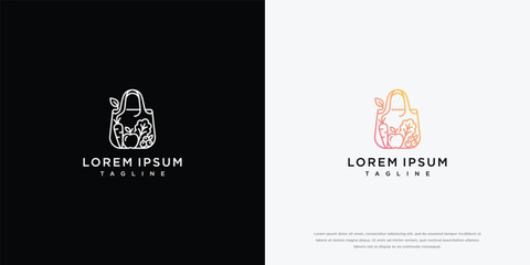 Fototapeta premium Organic Shopping Bag Monoline Logo Design with Natural Elements
