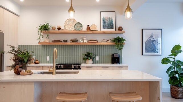 Modern Kitchen Interior with Green Tile Backsplash and Wooden Cabinets