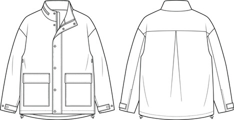 Technical fashion flat sketch of an oversized utility jacket template showing front and back views © JanokChandra