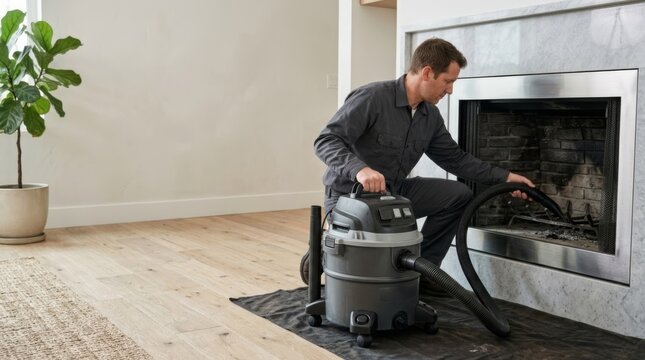 Professional cleaning soot from fireplace firebox with industrial vacuum cleaner in modern home interior