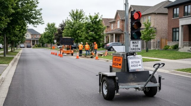 Temporary traffic signal directs detour around neighborhood utility repair, bright daylight, with copy space