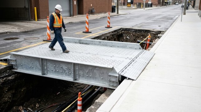 Construction worker crosses temporary steel bridge over urban trench, daylight, clean site