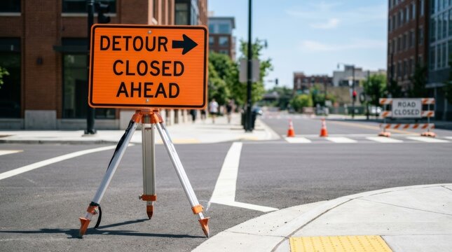 Orange detour sign on tripod warns of closed street ahead at urban intersection, offering copy space