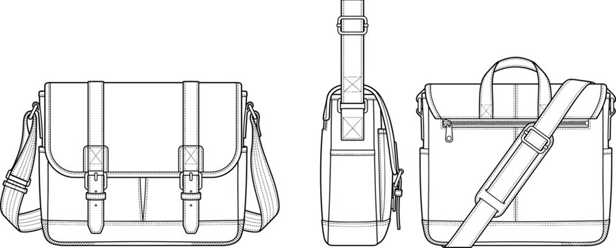 Fashion flat sketch of a classic messenger bag and briefcase technical vector design