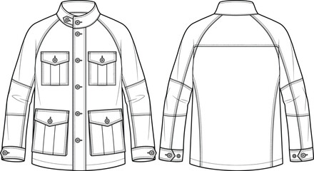 Fashion flat sketch of a utility safari jacket with multiple patch pockets and stand collar © ABDUL